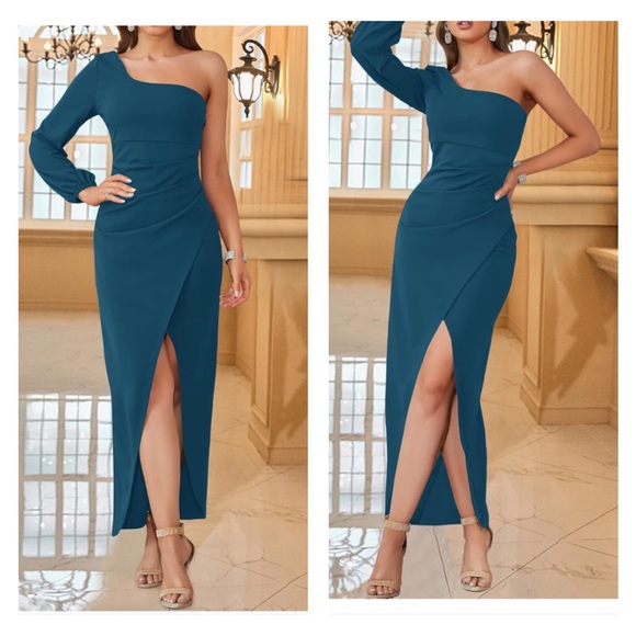 One Shoulder Long Sleeve Sexy High Slit Ruched Bodycon Wedding Party Maxi Dress - Picture 2 of 5